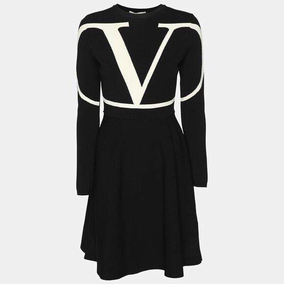 Valentino Black/white Stretch Crepe V Logo Midi Dress Xs - Picture 1 of 6